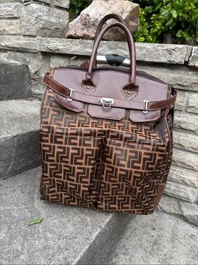 Brown Patterned Tote Bag - Designer Style, travel bag, Carry On with Wheels